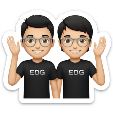 2 boys both wearing black t-shirts with the letters EDG, one wearing silver rectangular glasses, black hair, smiling; the other with black hair smiled brightly sticker