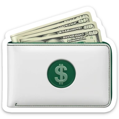 white men's wallet with dark green details, white banknotes with dark green elements sticking out, minimalism sticker