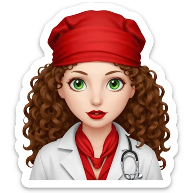 Spanish sexy evil woman. She has green eyes.  had brown long curly hair.  evil surgeon kills with needle wears red sexy doctor coat with red bandana on her mouth and nose to hide and wearing red gloves.  sticker