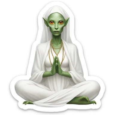 a Reptilian alien woman,in meditation, white dress like a priestess sticker