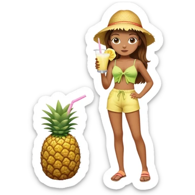 Full body of a very tan skinned girl with brown hair wearing a summer outfit sipping a piña colada sticker