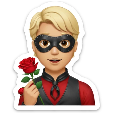 blonde man with leather eye mask and leather halter neck blouse, holding rose with his mouth sticker