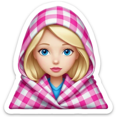 A beautiful blonde girl , blue eyes, pink lips is wrapped in a plaid with her head sticker