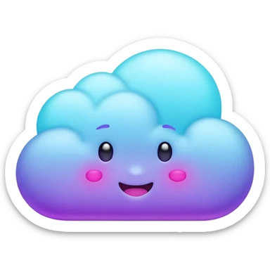 Small cloud with multiple emoji-style expressions (happy, sleepy, mischievous), glowing purple/cyan neon, playful aesthetic. sticker