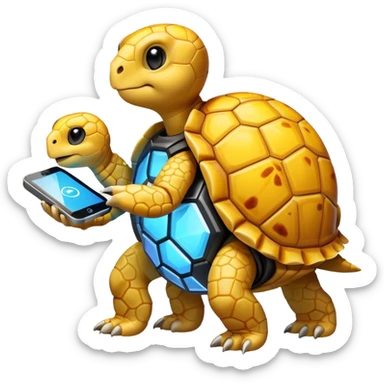yellow tortoise holding a tech gadget, ai-inspired sticker