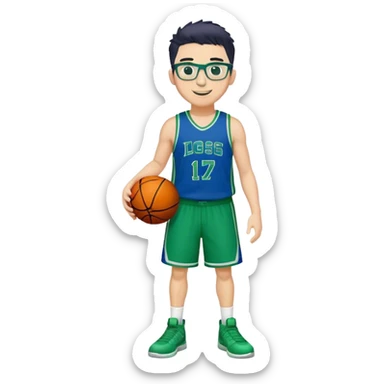 Full Body heavy white male with dark short spike hair basketball player wearing glasses wearing blue green uniform smiling sticker