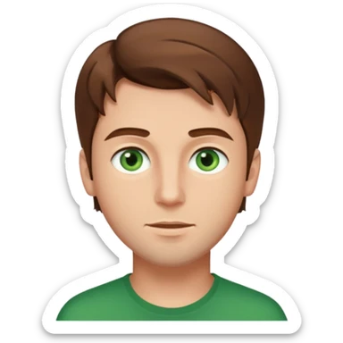young man with brown hair that goes really high up, green eyes wide open sticker
