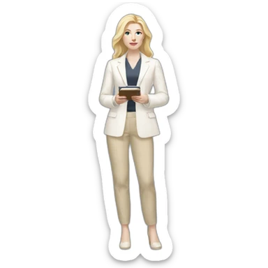 Full height pale skin woman with blonde Straightened Hair to shoulders, White classical jacket, beige Arrow pants holding a color palette in the hands sticker