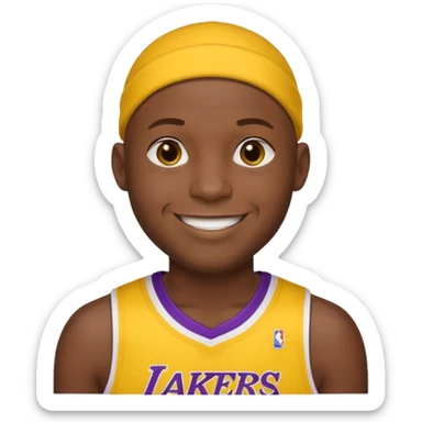["Very dark skin male, shaved head, wearing a yellow Lakers jersey."] sticker