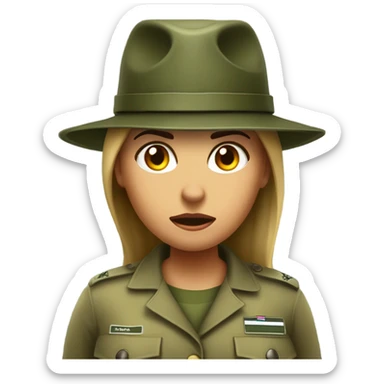 a female drill sergeant character wearing a classic sergeant hat and a camouflage army shirt. The character should have an angry intense expression. full torso sticker