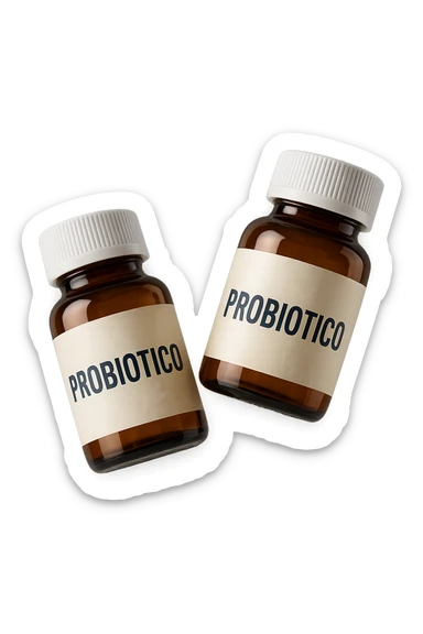 due boccette di integratori con la scritta "PROBIOTICO" SULL'ETICHETTA, FLUTTUANO IN ARIA, realistica 4k sticker