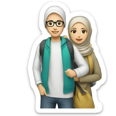 young white man with glasses and woman with hijab, both with backpack for holiday trip sticker