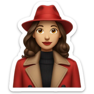 Brunette wearing red over coat and red fedora sticker