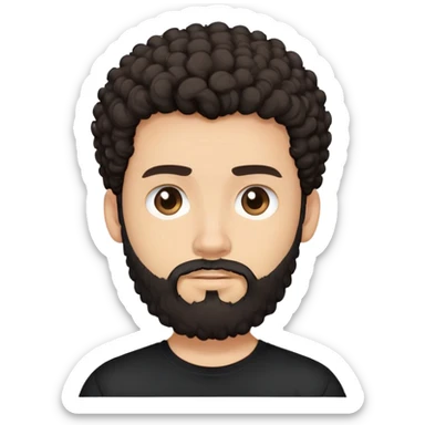 young man with light skin, thick curly dark hair, full beard, neutral expression, plain black t-shirt, front-facing, minimalistic, simplified features, clean lines, flat design sticker