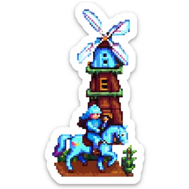 knight on horseback in front of windmill, pixel art style, retro, detailed sticker
