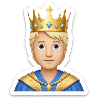 
1 Middle-aged white king, 40 years old, blond hair, blue eyes, kind and benevolent vibe, gentle smile, wearing a crown and blue robe emoji sticker