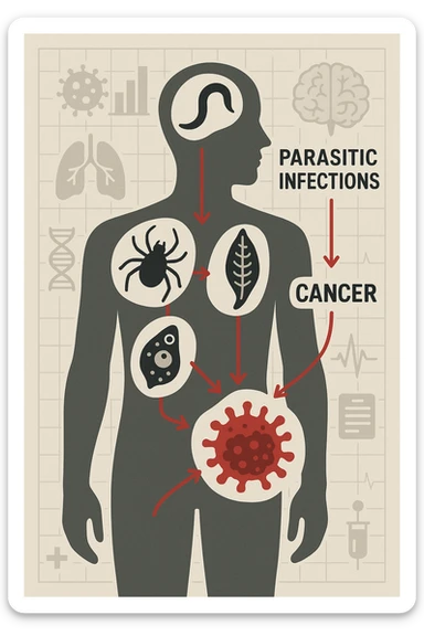 a man’s silhouette is filled with stylized images of parasites and tumor cells, connected by red lines or arrows to show cause and effect. The background features a medical chart or infographic about the dangers of untreated parasitic infections. The overall tone is serious and educational. scritto in italiano sticker