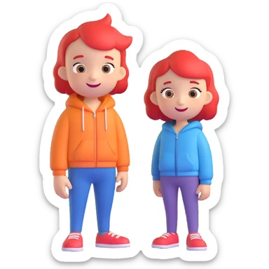 Two smiling cartoon-style characters standing close together, one slightly taller, cheerful expressions, matching clothes or colors, white background, emoji style sticker