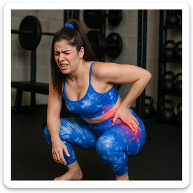 Slim woman in 4K, in a gym, attempting a squat but stuck mid-movement, hand grabbing right side, expression of sudden hip pain, inspired by the reference photo. sticker