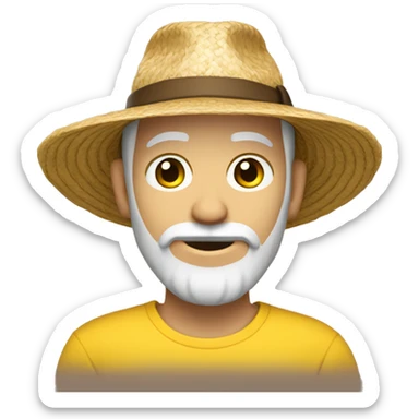 man with a brown beard and white skin colour, wearing a straw hat and a yellow t-shirt sticker