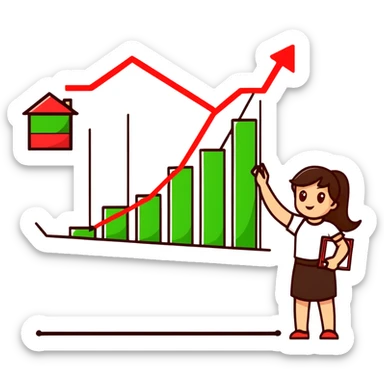 Girl holding chart with rising green graph line in right hand and holding another chart with falling red graph line in left hand sticker