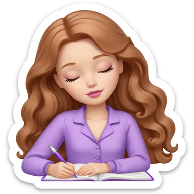 White Barbie girl Chestnut long wavy hair sleeping with In lavender clothes, he writes in a notebook sticker