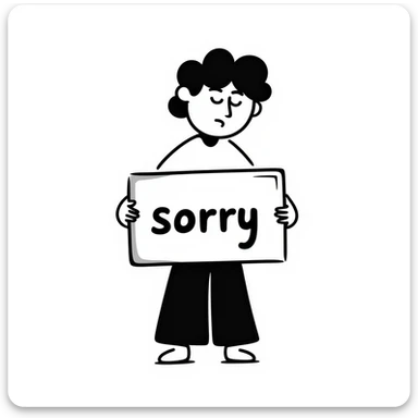 hand-drawn doodle of a sad figure holding a 'sorry' sign, exaggerated frown and slumped posture sticker