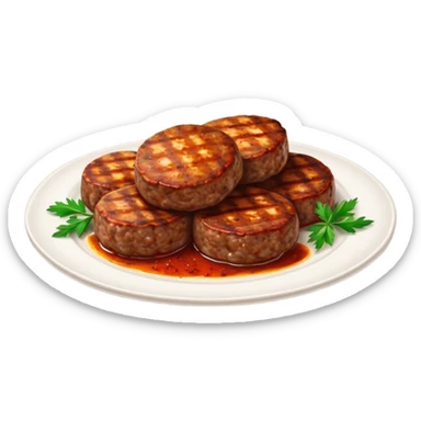 Cinematic Realistic image of Turkish Köfte, presented as perfectly formed, spiced meat patties with detailed textures and subtle grill marks, arranged artfully on a simple plate and illuminated by warm, appetizing lighting that accentuates their savory appeal. sticker