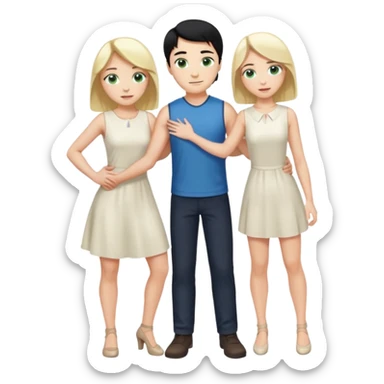 King, upright, black Hair, blue eyes, whole body, Woman, blonde Hair, Green eyes, bending knee, sleveless White Dress, sticker