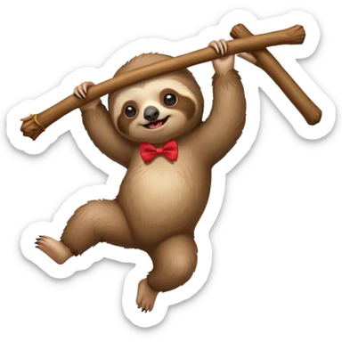cute swinging Sloth on stick, red bow tie sticker