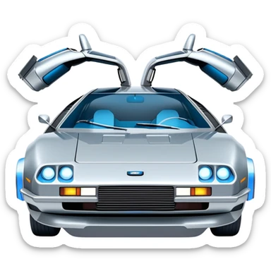 Retro-futuristic hover car inspired by the DeLorean, gullwing doors, silver metallic body with blue-tinted windows, stylized jet boosters in the back, flat vector style, outlined shapes, minimal design sticker