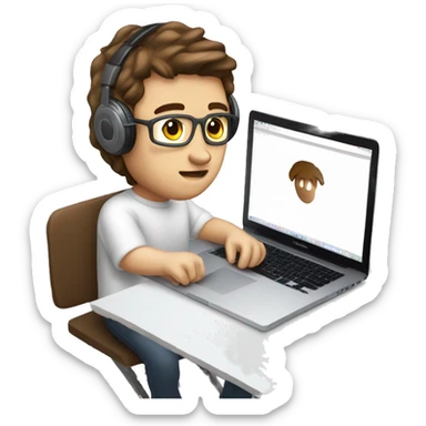 Young male programer coding in a macBook on a coffee table with headphones, white skin and Brown hair emoji sticker
