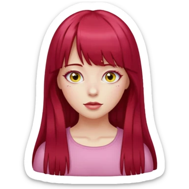 Menina com cabelos longos vermelho Cherry, liso com franja,olho direito ROSA e olho esquerdo amarelo,pele clara  sticker