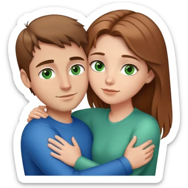 cute couple hugging, girl with light brown hair and green eyes, guy with brown hair and blue eyes sticker
