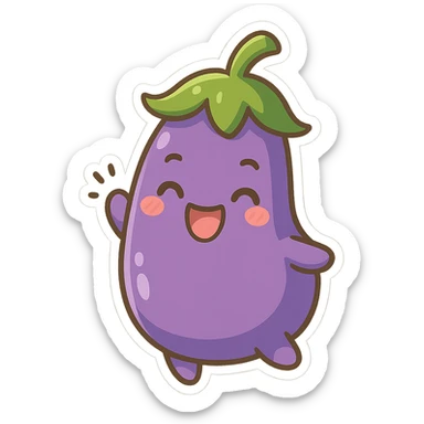 playful eggplant character, cute and lively, bright colors, chibi style sticker