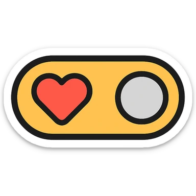 toggle switch minimal style on white background with big red heart on the left and gray circle on the right off position, rounded corners, simple and modern sticker