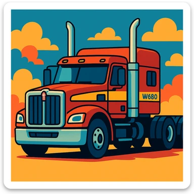 2026 Kenworth W680 flattop semi sleeper cartoon style with chrome stacks, bold and playful look sticker