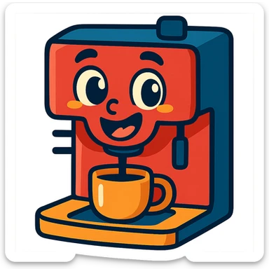 a coffee machine with a cute, expressive face, personified, in a fun and charming style sticker