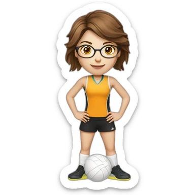 caucasian female netballer with brown hair, glasses and ball sticker