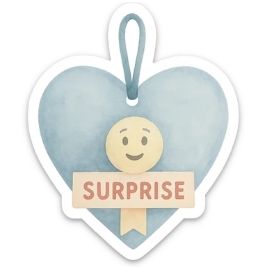 Recreate the blue heart-tagged pink gift in a watercolor art style, with the name 'Surprise' on the tag, no background. sticker
