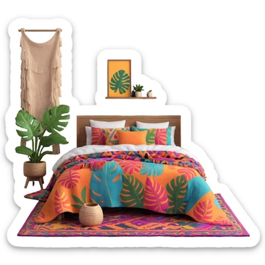 modern boho bedroom with monstera plants, colorful textured rugs, and piles of cozy blankets sticker