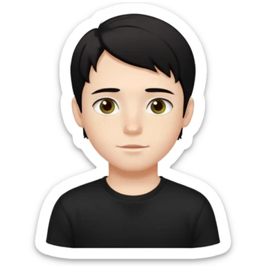 A beautiful boy with black hair and hazel green and brown eyes and white skin , with dark freckles and black t shirt with HAIRCUT: middle part hair hair with a center part haircut  sticker