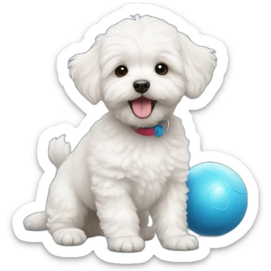 white maltipoo dog playing with a blue ball sticker