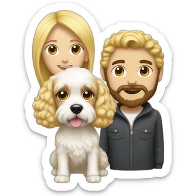 White Cavapoo with a blonde girl and a bearded dark haired guy sticker