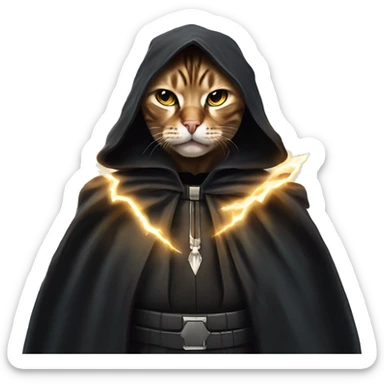 Bengal cat styled like Emperor Palpatine in the 'unlimited power' scene. a menacing expression, dark cloak, and lightning bolts coming out of its paws. intense eyes and powerful gestures sticker