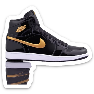 Jordan 1 sneaker, patent leather black material with a metallic gold swoosh sticker