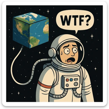 An astronaut tethered to something off scene, looking at a cube-shaped Earth, with a visible expression of confusion or surprise, thinking 'WTF?' sticker