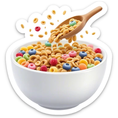 Cinematic crunchy cereal, vibrant and colorful, splashing into a bowl of cold milk, soft glowing background, dynamic movement, playful and inviting, nostalgic and fun. sticker