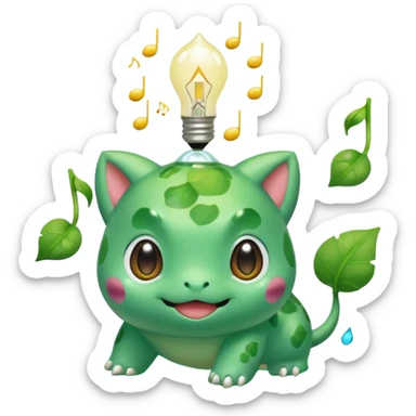 cute Bulbasaur Pokémon in Rednote app emoji style, glossy soft face, bold eyes, small bulb on back, floating music note nearby sticker