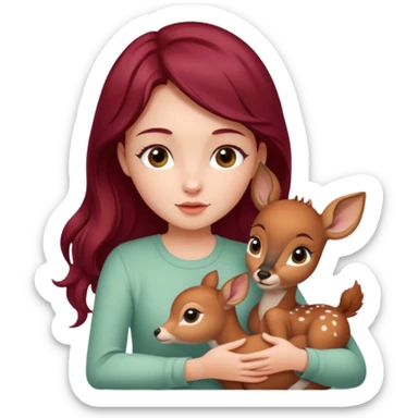Beautiful burgundy long haired girl petting baby deer sticker